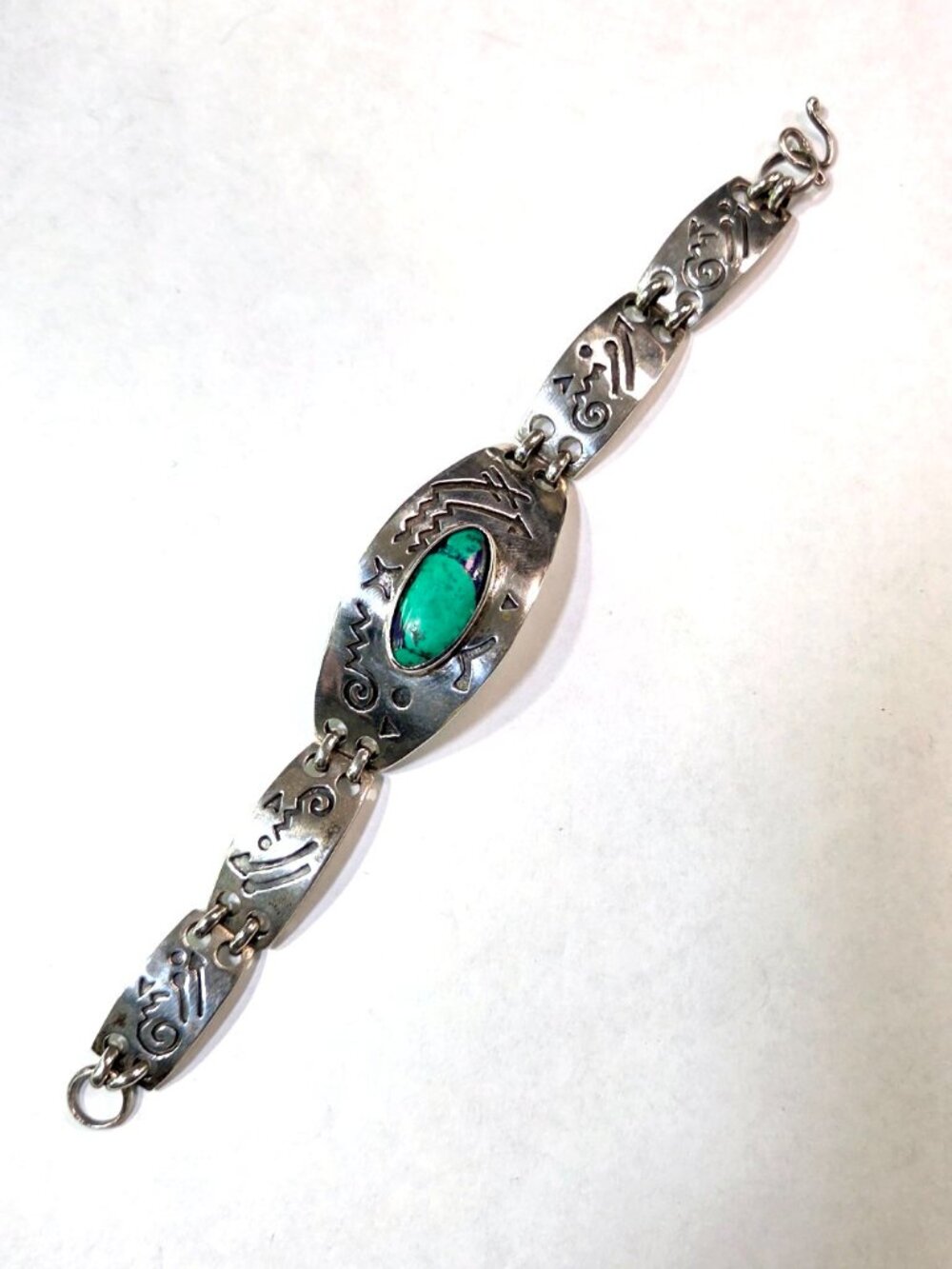 Sterling Silver Malachite Aztec Pictograph Link Bracelet 40g 8"